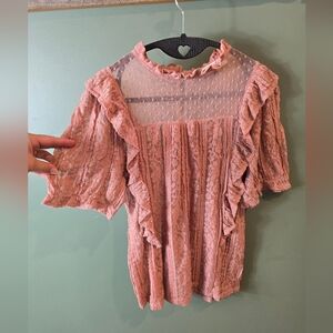 Lace Ruffle Blouse - Pink Melograno Rico Sheer womens Blouse L sz